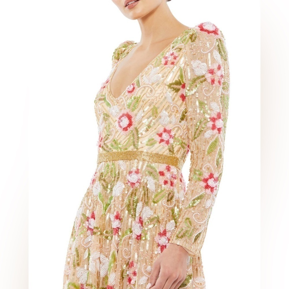 Mac Duggal 5415 NWT Floral Embellished Wrap Over Puff Sleeve A Line Gown - Picture 5 of 14